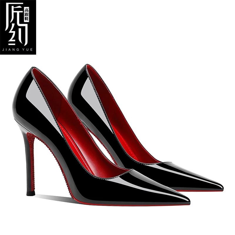 

2025 New Sexy Queen Water Diamond Red Bottom High Heels Women's Black Pointed Fine Heels Large Single Shoes