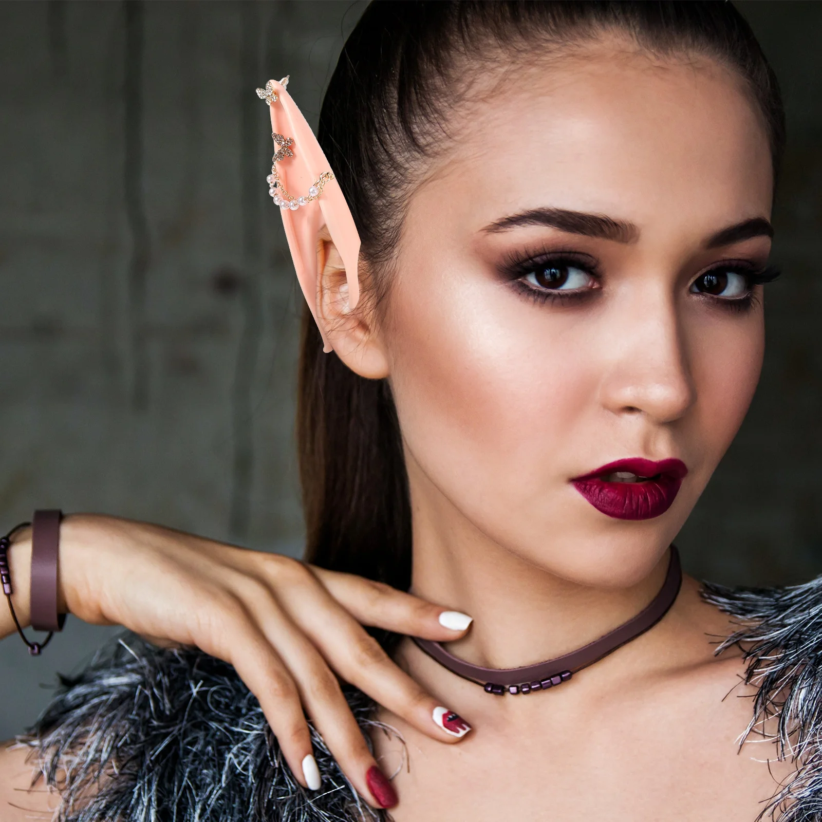 

2pcs Pearl Chain Earrings Butterfly Studs Light Color Fairy Elf Ears Cosplay Party Accessories Halloween Prop