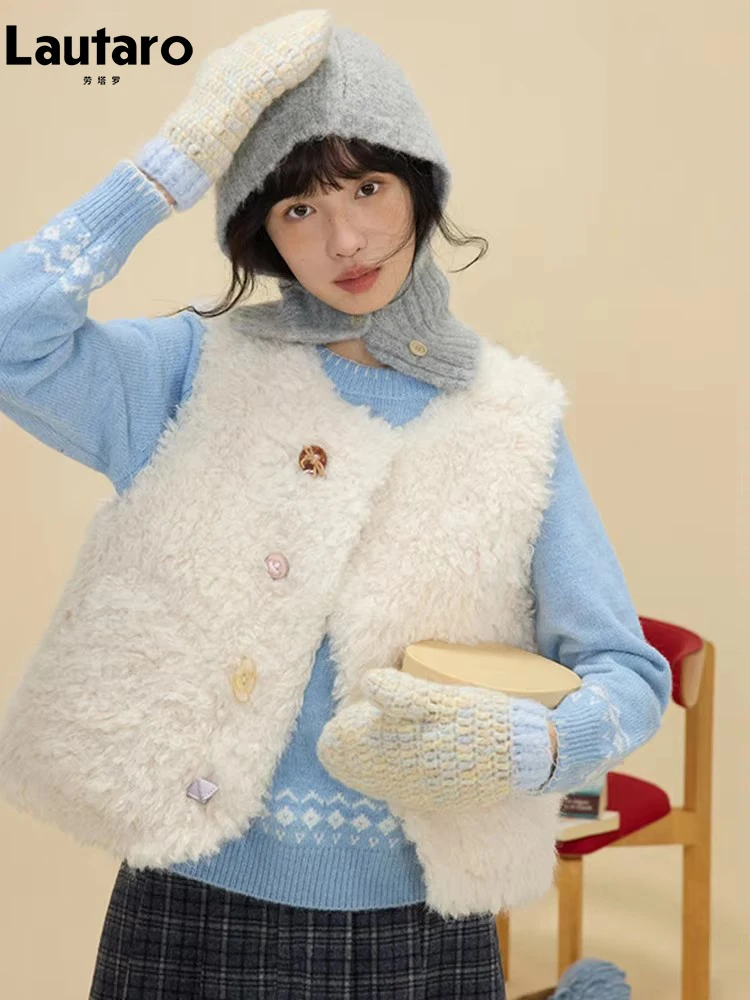 

Lautaro Autumn Winter Short Thick Warm Fuzzy Faux Fur Vest Women Colorful Buttons Elegant Luxury Fluffy Sleeveless Jacket 2025