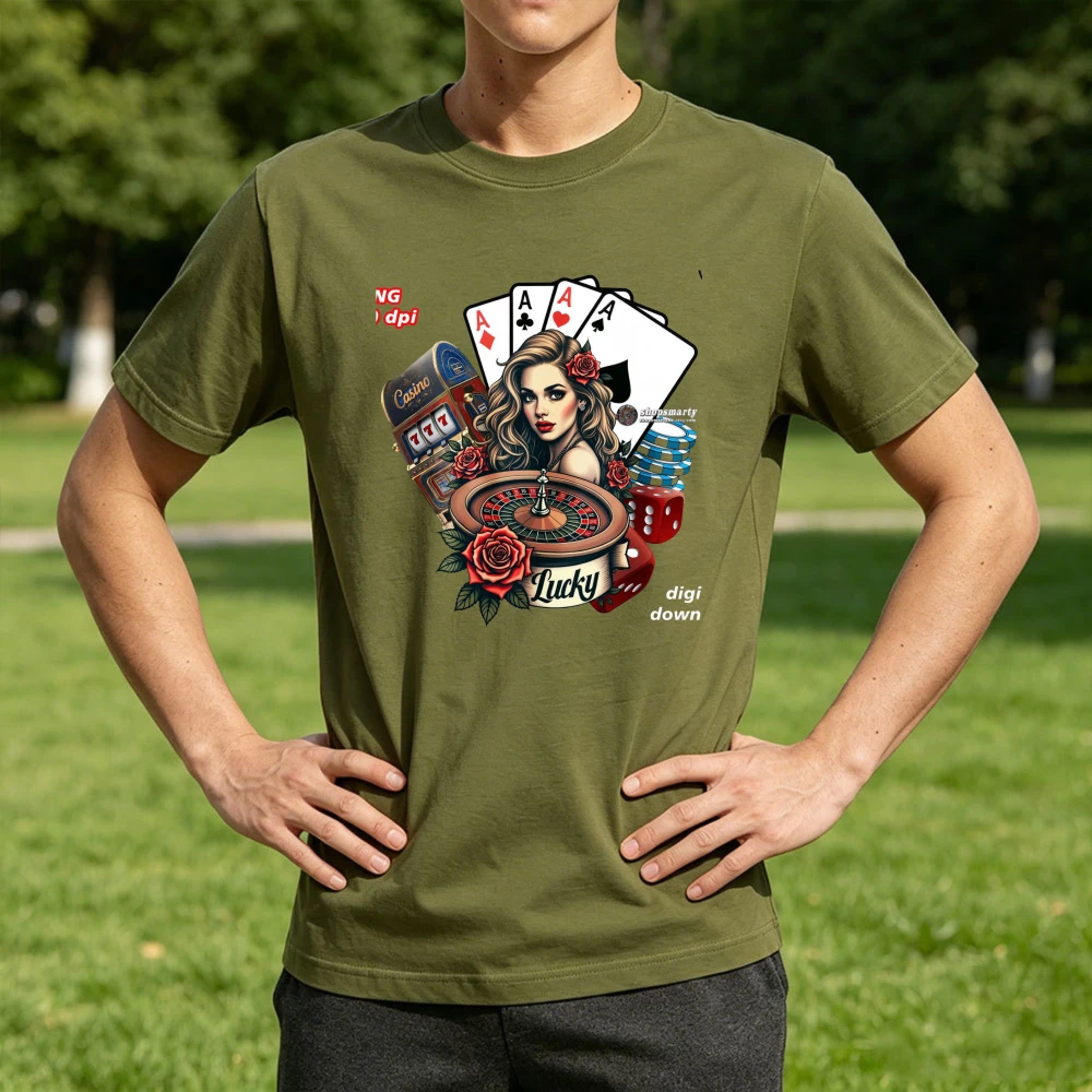 Lucky Casino Lady Roulette Poker Ace Graphic T Shirt Men Vintage Rose Gambling Element Cotton Tee  Unisex Gambler Vacation Tops