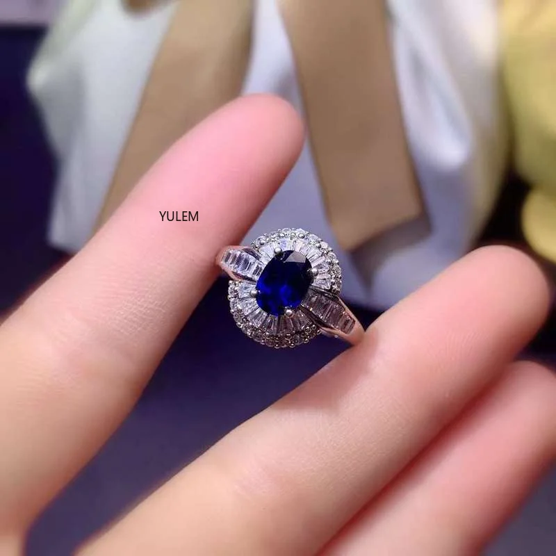 YULEM Natural Sri Lankan Sapphire Ring Royal Blue High Clarity 5X7MM Big Size Design