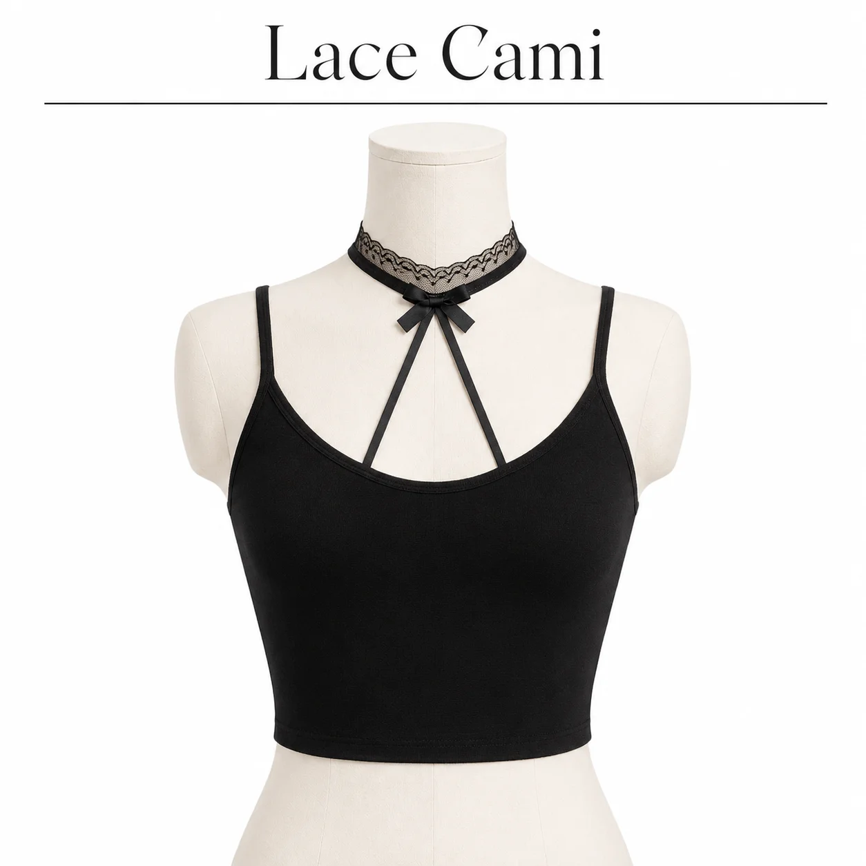 Lace Choker Ribbed Knit Camisole for Women Adjustable Spaghetti Straps V Neck Bow Detail Form Fitting Crop Tank Top