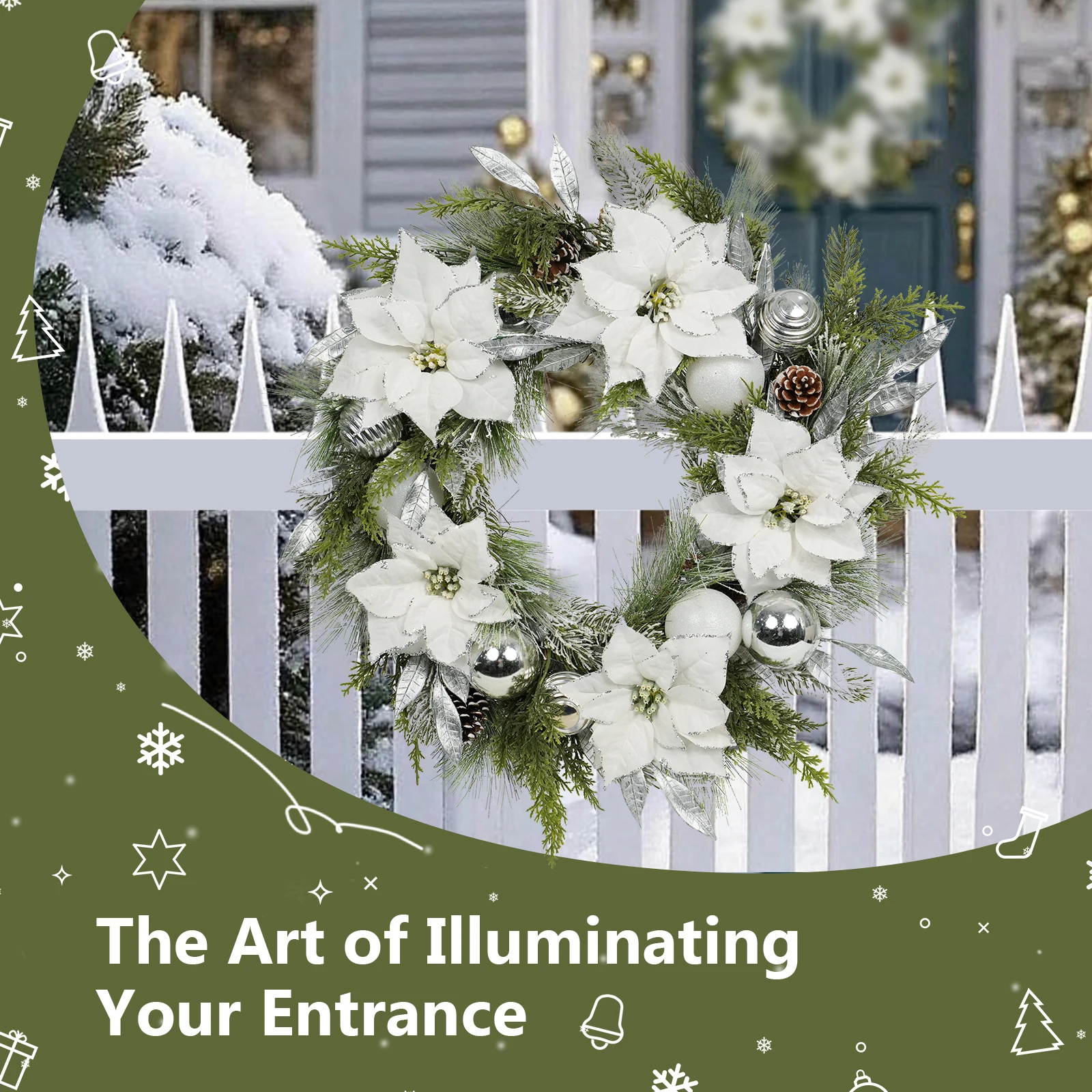 

24 Inch Artificial Christmas Wreath for Front Door Outdoor Decor, Decorated with Mixed White Poinsettia Flowers and Silver Shatt