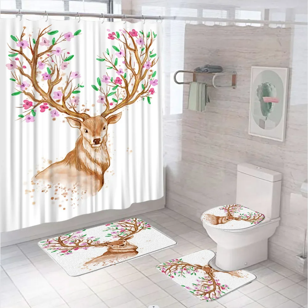 4Pcs Cartoon Animal Deer Shower Curtains Set Lovely Wildlife Flower Bathroom Screen Non-Slip Carpet Toilet Cover Floor Bath Mat