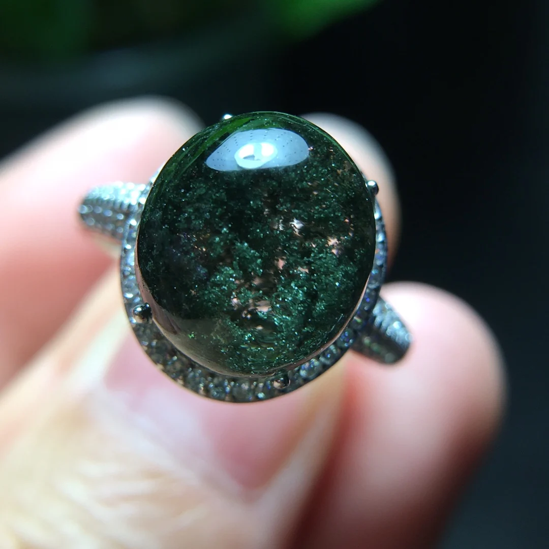 

Natural Green Phantom Oval Adjustable Ring 12.2*10.9mm Crystal 925 Silver Bead Phantom Women Men Jewelry AAAAAA