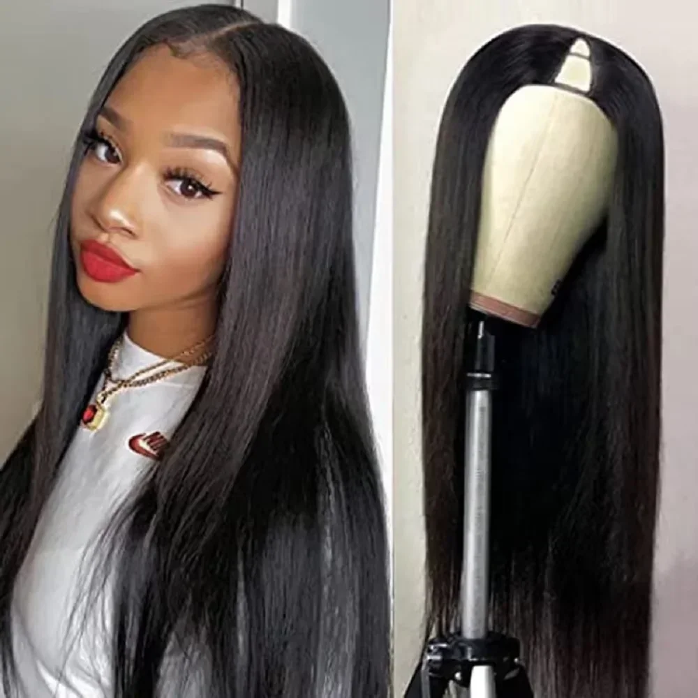

16-32 Inch No Glue V Part Straight Wig 100% Human Hair 200% Density Straight Remy Hair Wigs No Leave Out Side Part Wig For Women