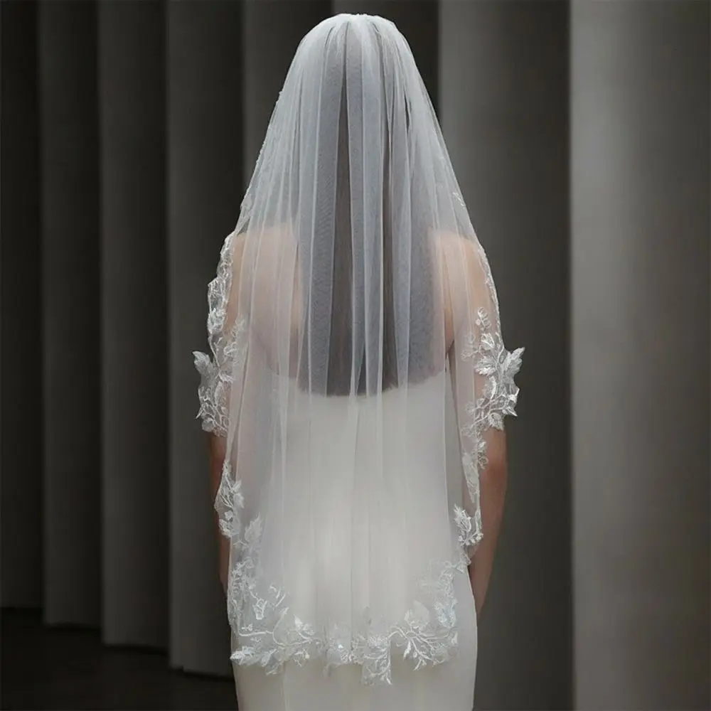 Vintage 100cm Wedding Veil Soft Tulle Lace Appliques Bridal Headpiece One Layer White Ivory Bridal Veil Brides