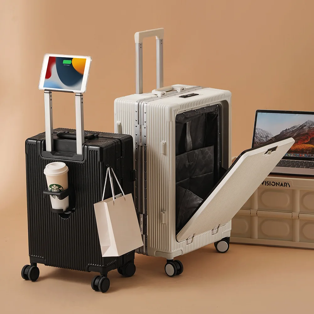 حقيبة جيب مفتوحة أمامية مع قفل إطار من سبائك الألومنيوم، قابس شحن USB، حقائب سفر بعجلات دوارة، أمتعة دوارة