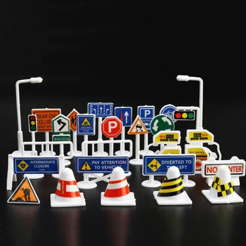 28pcs English Road Sign Mini Traffic Signs Road Light Block Car Toy Children Safety Kids Playmat Traffic Sign RC Toy For Gift