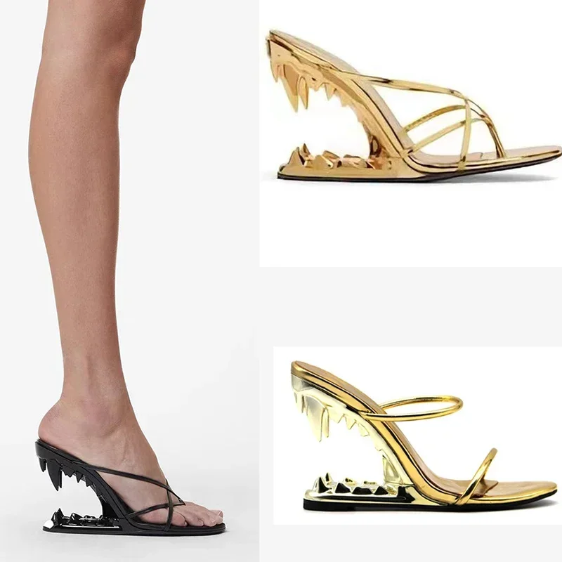 Nuevas zapatillas concisas de tacón alto con forma de diente de tigre para mujer, sandalias de tacón con pendiente alienígena para espectáculos de moda europea americana 41