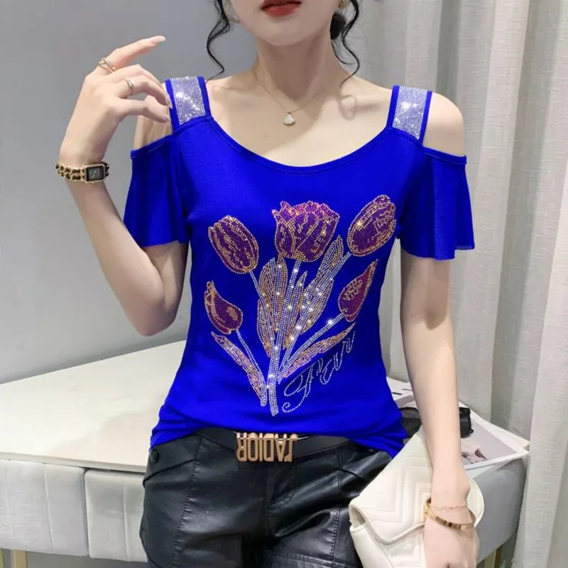 #8110 Black Blue Off Shoulder T Shirt Women Diamonds Flower Sexy Short T Shirt Female Short Sleeve Womens Tee Shirts Summer Top