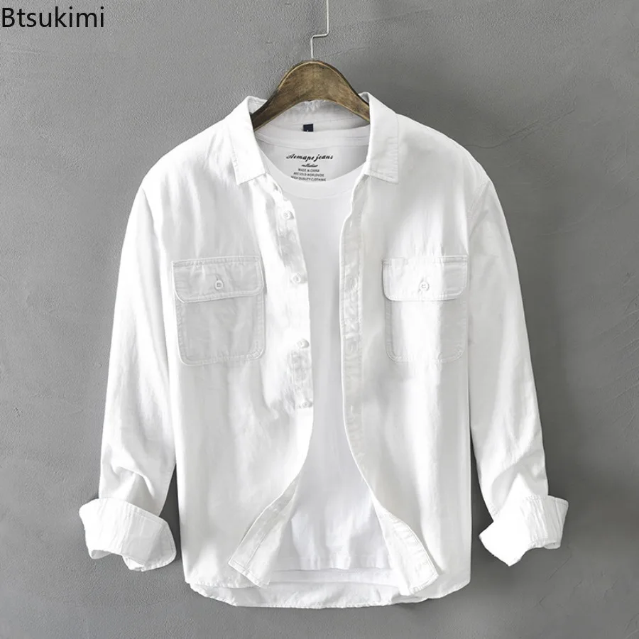 2025 New Style Men's Vintage Shirts Long Sleeve Two Pocket Design 100% Cotton Casual Shirt Coats Spring Simple Lapel Shirts Male