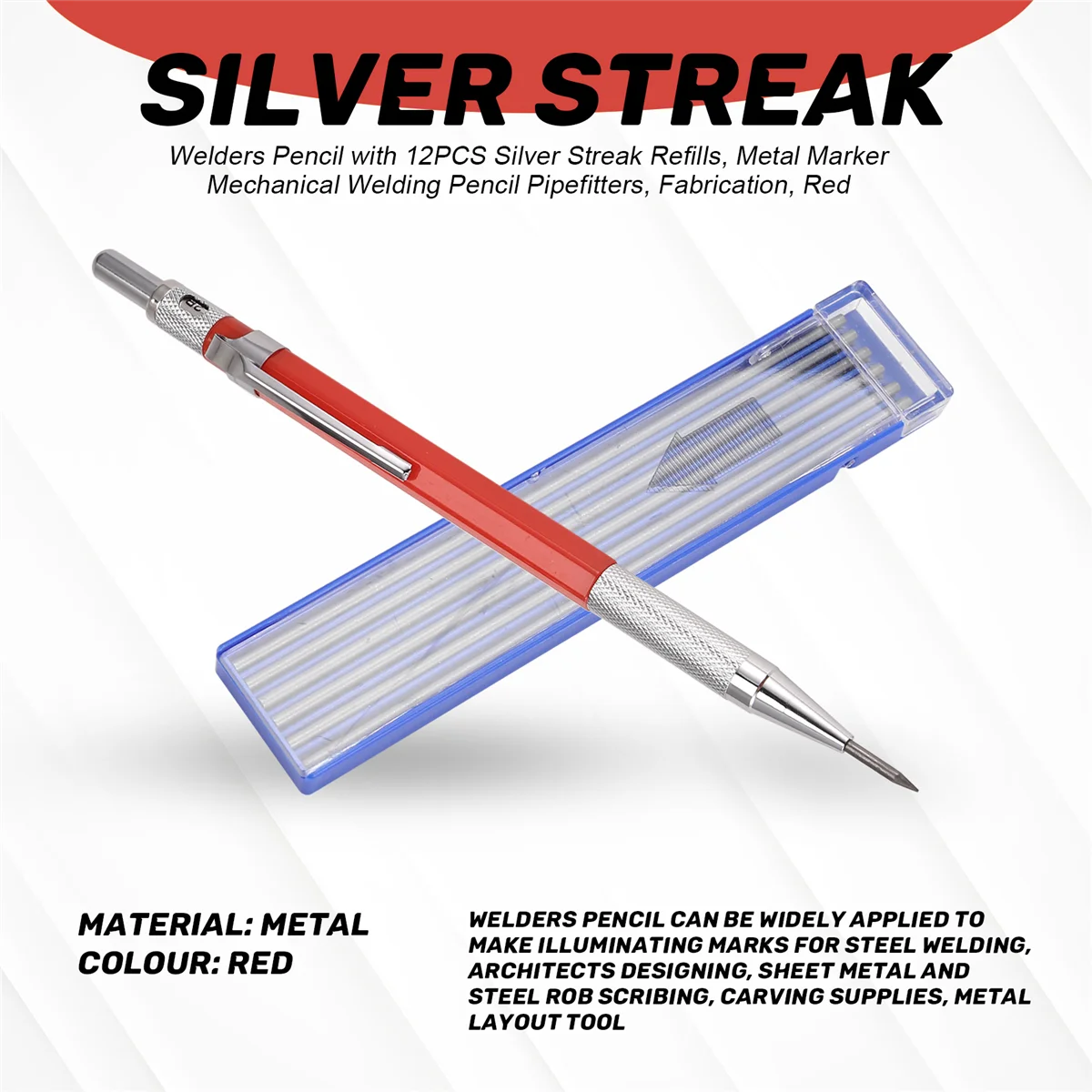 Matita per saldatori durevole con ricariche a striscia d'argento da 12 pezzi, pennarello in metallo Matita per saldatura meccanica Pipefitters, fabbricazione, Rosso
