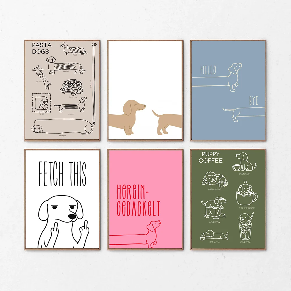 Minimalist Design Dachshund Dopamine Posters Modern Fun Puppy Aesthetic Illustration Wall Art Painting Home Hallway Room Decor