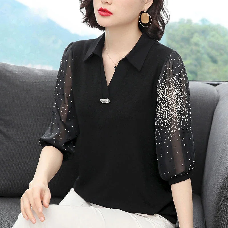 Women Spring Summer Style Blouses Shirts Lady Casual Turn-down Collar Patchwork Chiffon Blusas Tops