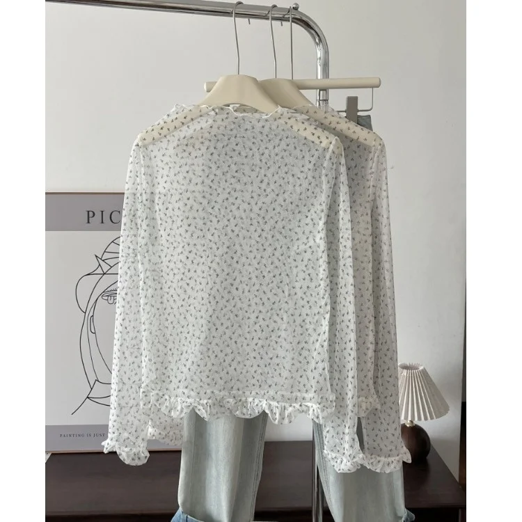 

Корейская женская модная блузка с цветочным кружевом, полувысоким воротником, длинными рукавами, прозрачная, в повседневном стиле, дышащая, приятная к телу.