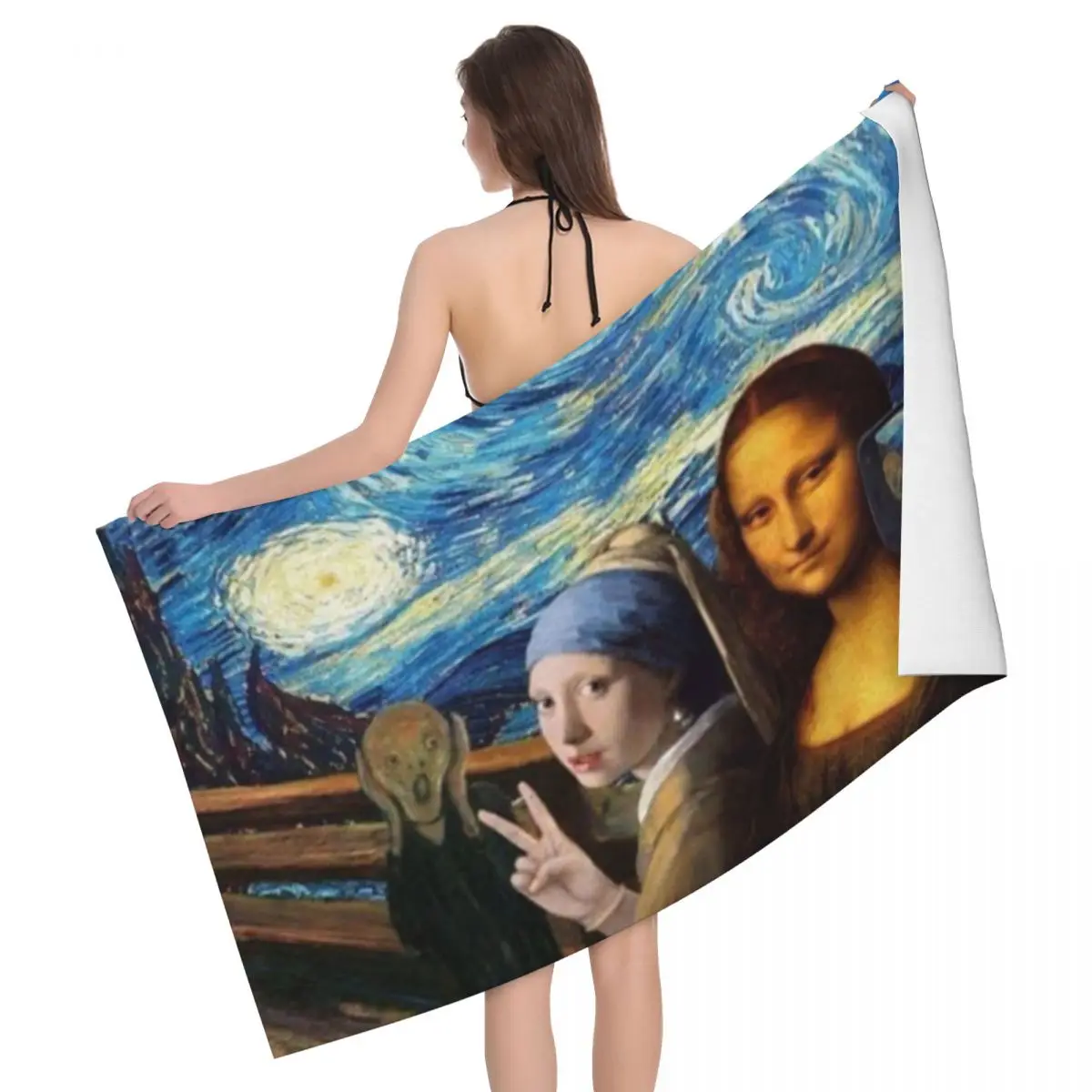 Custom Starry Night By Mona Lisa And Vincent Van Gogh Beach Towel Dry Art Painting Super Soft Microfiber Bathroom Sauna Towels