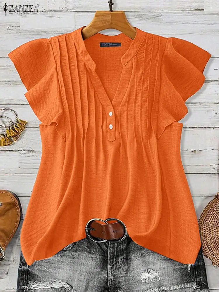 2025 Summer Women Tops ZANZEA Casual Short Sleeve Blouse Stylish V Neck Holiday Shirt Female Work Blusas Mujer Chemise Oversize