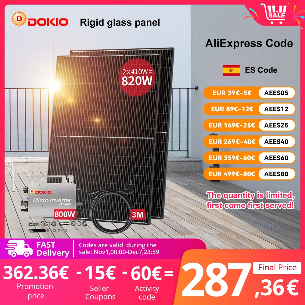 DOKIO 800W Waterproof Solar Panel, 800W Inverter, Balcony Power Station, Complete System, Plug and Play, Special for Home Grid