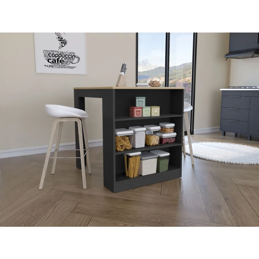 

Tanna Kitchen Counter Dining Table Two Legs Three Side Shelves Black Pine