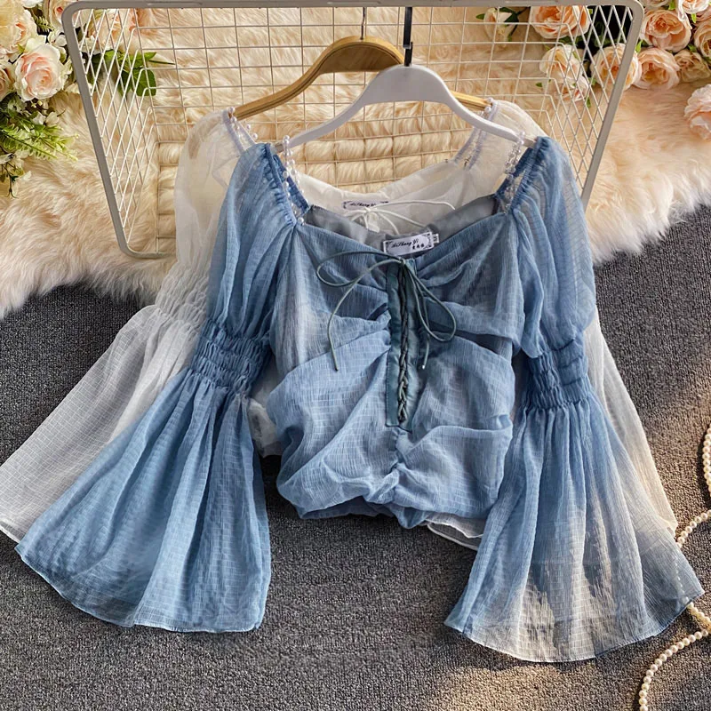 Hanging Strap Chiffon Shirt For Women Spring Korean High Waisted Square Neck Slim Ladies Clothing Folded Flared Sleeve Short Top