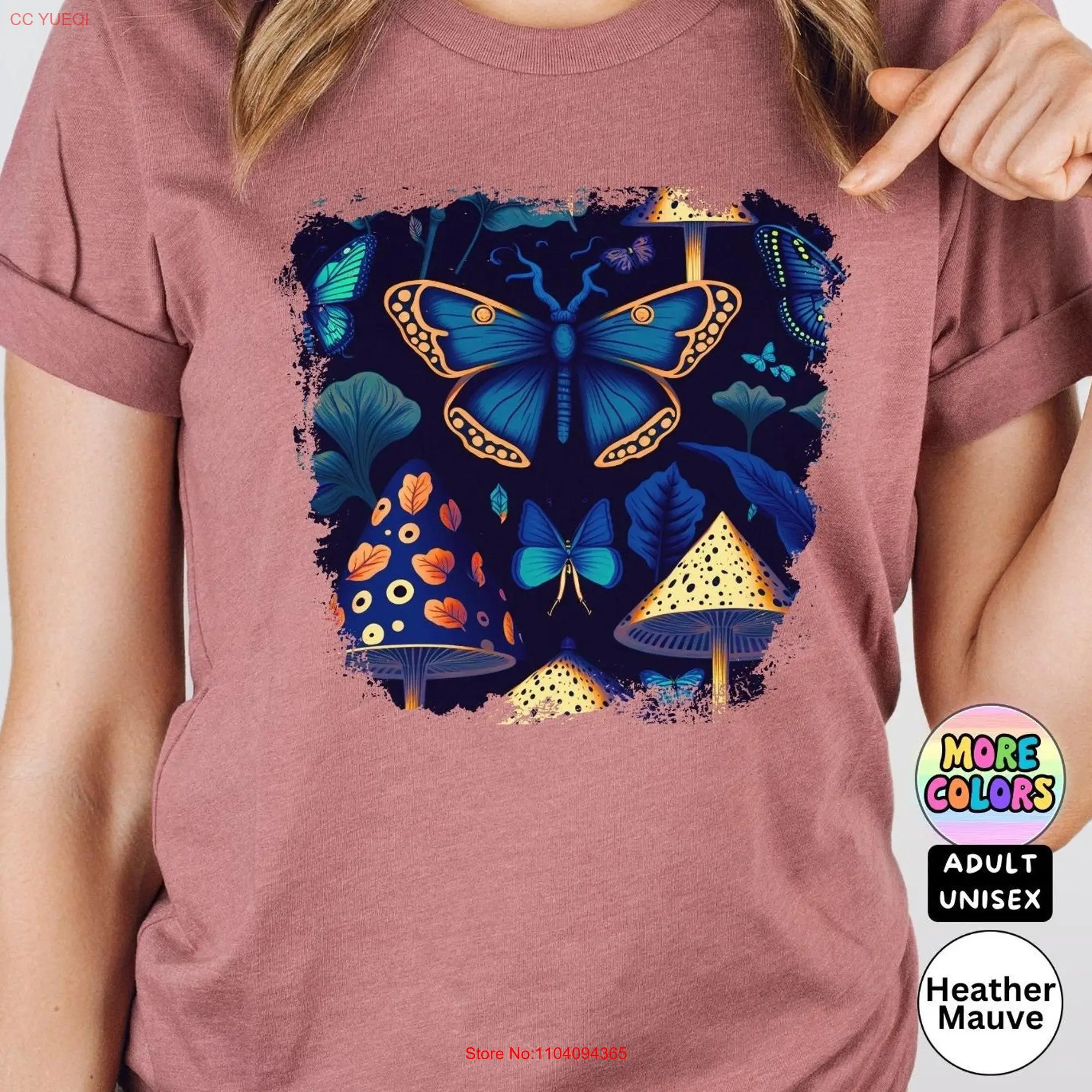 Cottagecore Witchcore Boho Moth Mushroom Teal and Tan Design T Shirt Aesthetic Apparel Adult Sizing long or short sleeves