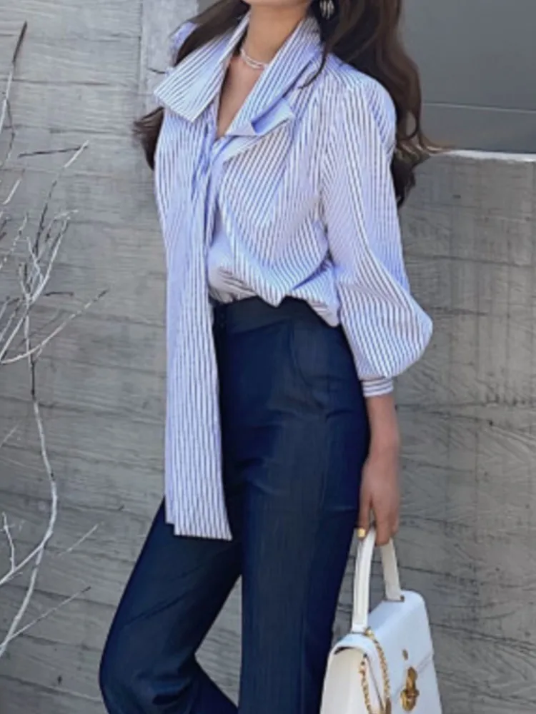 Women Elegant Casual Stripe Long Sleeve Shirts Spring Vintage Chic Party Birthday Clothes Female Business Formal Blouses Tops