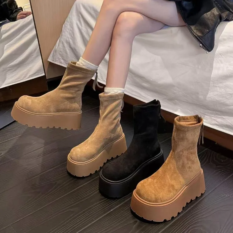 2025 Winter New Imitation Deer Skin Thick Soled Chelsea Boots Women's Fashion Integrated Thick Soled High Heels and Ankle Boots