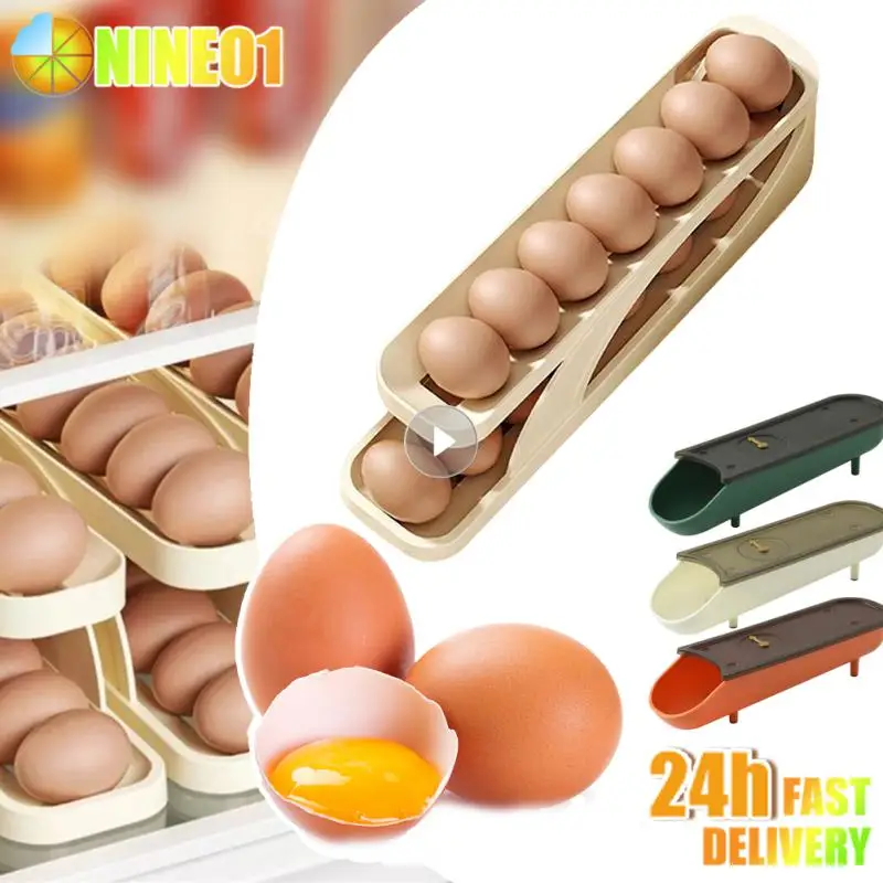 Automatic Scrolling Egg Rack Holder Storage Box Egg Basket Container Organizer Rolldown Refrigerator Egg Dispenser For Kitchen