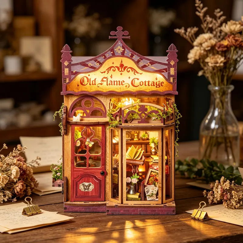 DIY Book Nook Kit Miniature Dollhouse with LED Light 3D Wooden Puzzle Bookend Handmade Craft Home Decor For Xmas Birthday Gifts