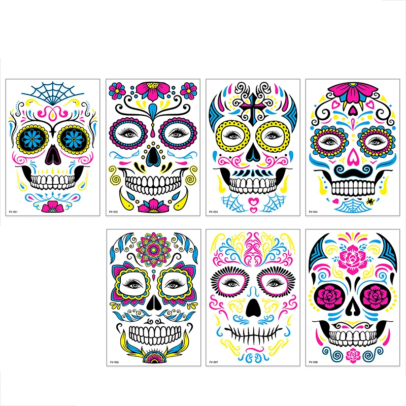 Fluorescent Temporary Face Tattoos for Women Waterproof Art Halloween Day of the Dead Party Festival Night Bar Stickers