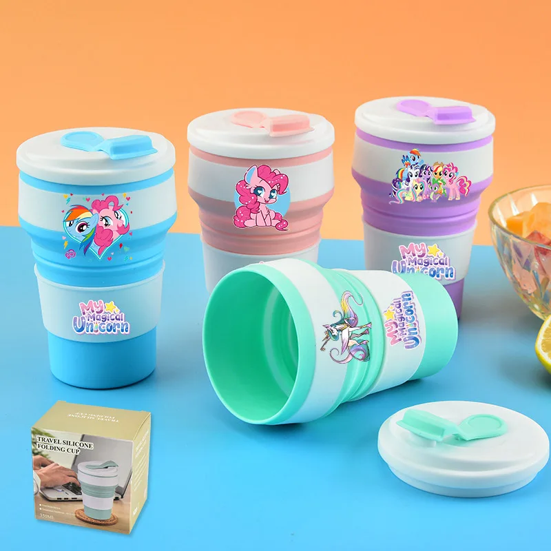 

My Little Ponys Food-Grade Silicone Folding Cup with Lid Anime Portable Water Cups Outdoor Travel Camping Kawaii Water Bottle
