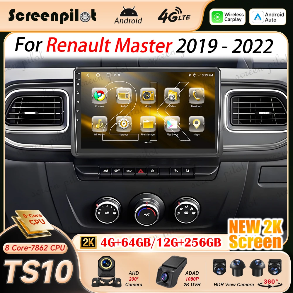 10 Inch Android 16 Car Radio Stereo For Renault Master 2019 2010- 2022 Multimidia Player GPS Carplay Android Auto 5G RDS