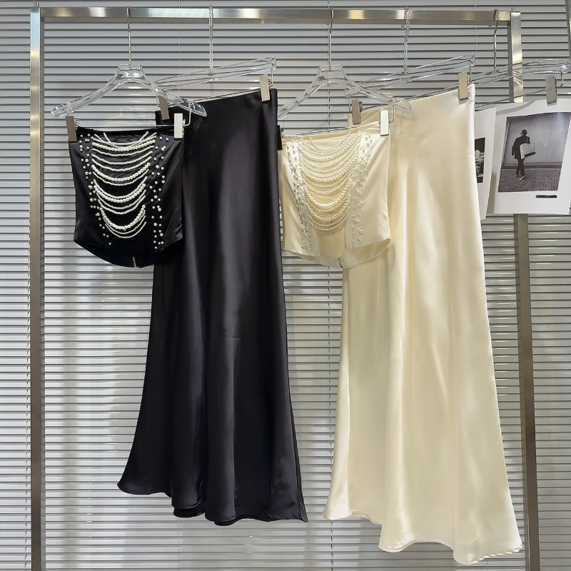

Female Temperament Pearl Chain Satin Strapless Top Solid Color Fishtail Skirt 2025 Summer Elegant High-end Two-pieces Set