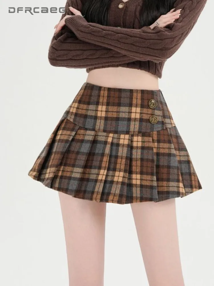 Fall Winter Colorblock Plaid Pleated Skirt With Button High Waist Sweet Wool Blend Preppy Vintage Short Skirts