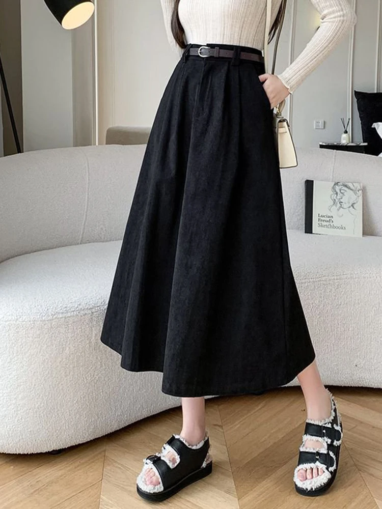 Herbst Winter Vintage Cord Midi Rock Mit Gürtel Elegante Mode Lässig Große Schaukel A-Line Lange Röcke Dame