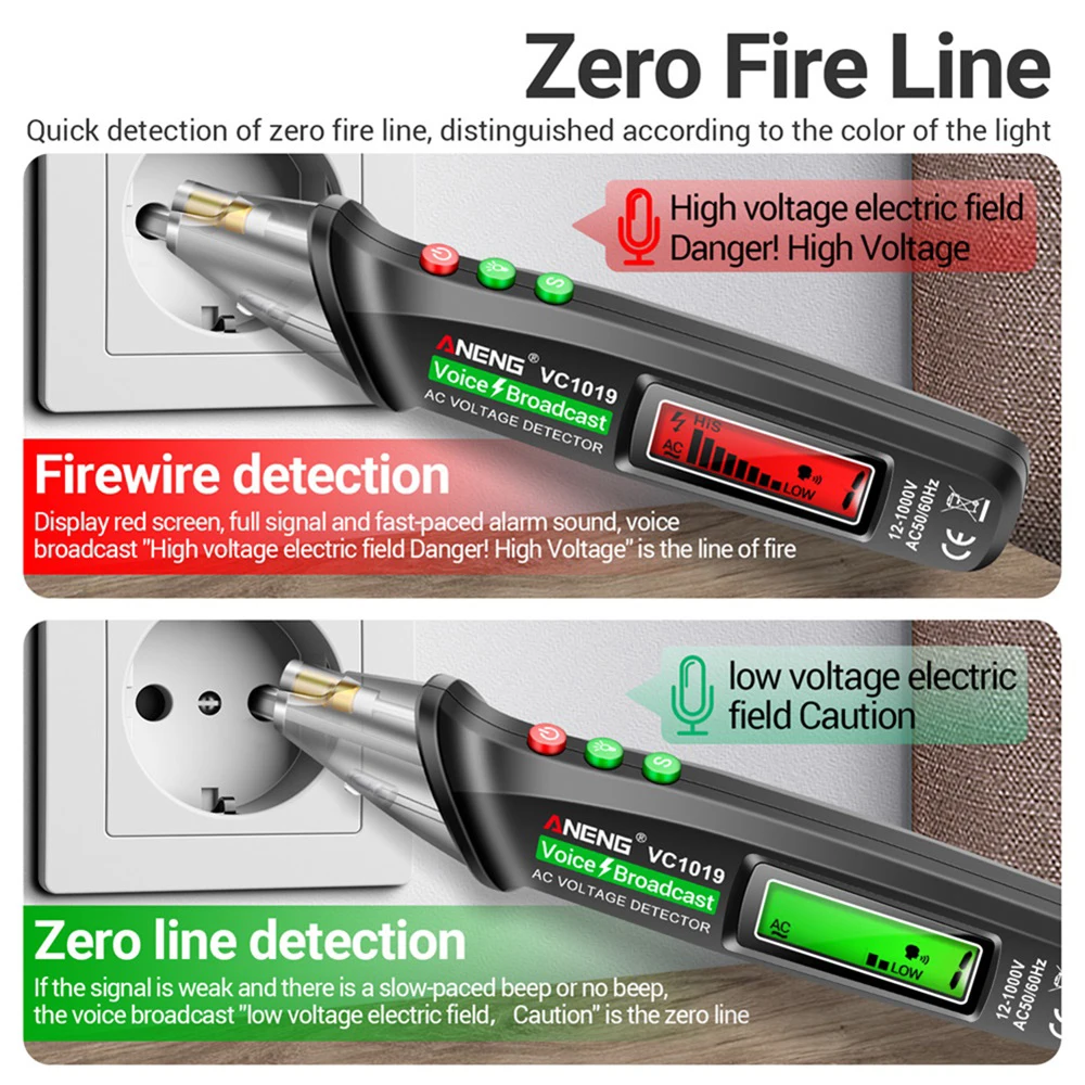 VC1019 Intelligent Voice Broadcast Tester Pen Voltage Detector 12-1000V Voltage Non-Contact Pen Electric Teste Meter Tool