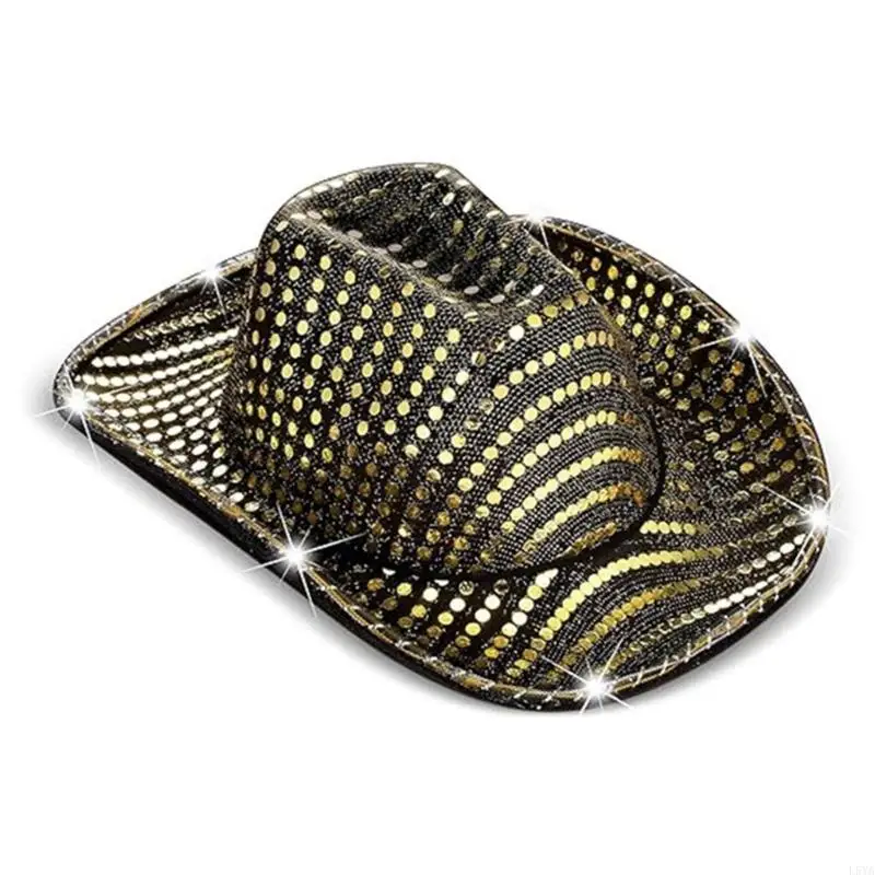 

L5YA Party Ready Denims Hat Western Role Playing Hat Light Up Hat Shining Glitter Hat Rave Party Accessory