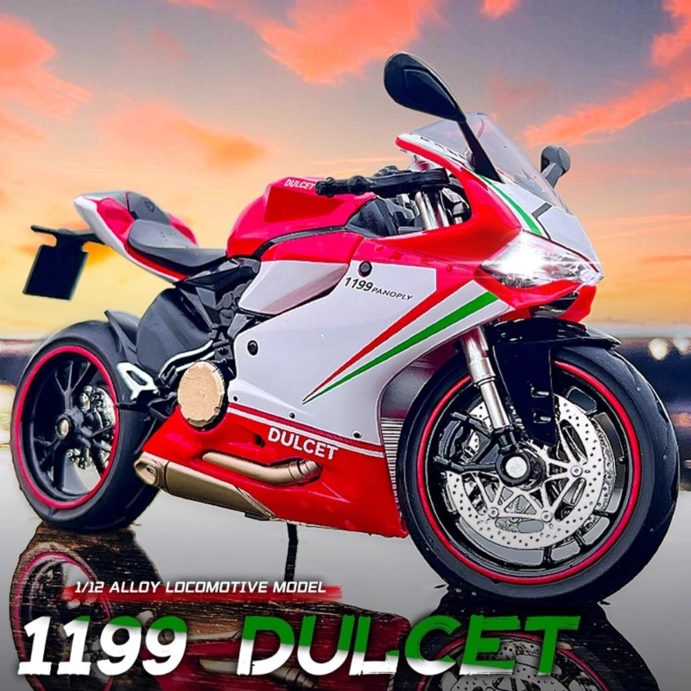 Model motocykla 1:12 1199 V4S, zabawka, samochód, muzyka, światła, amortyzacja, metalowy odlew, układ kierowniczy, kolekcja, prezenty