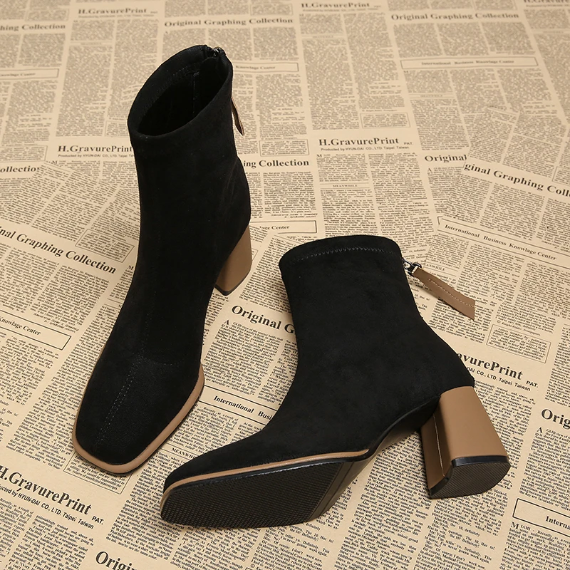 Vintage Square Toe Women Ankle Boots Fashion Zippers Thick Heels Shoes Winter Elegant Mordern Short Boot - Image 3