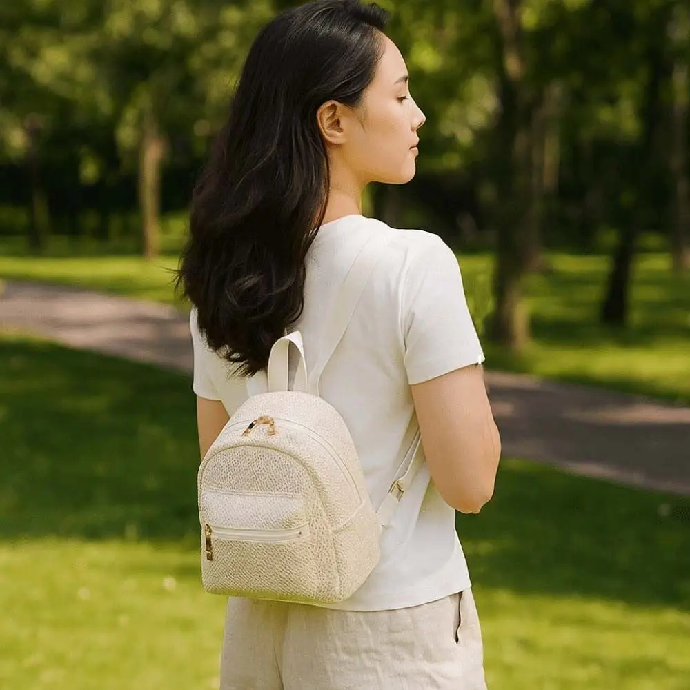 

Portable Woven Small Backpack Lightweight Ethnic Style Straw Weaving Backpack Polyester Beige Mini School Bag Shopping