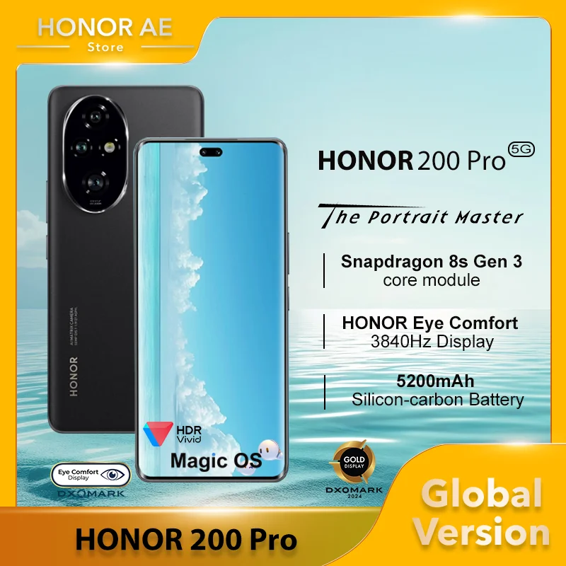 

Global HONOR 200 Pro Snapdragon 8s Gen 3 Studio-level Portrait Camera HONOR Eye Comfort Display 5200mAh Silicon-carbon Battery