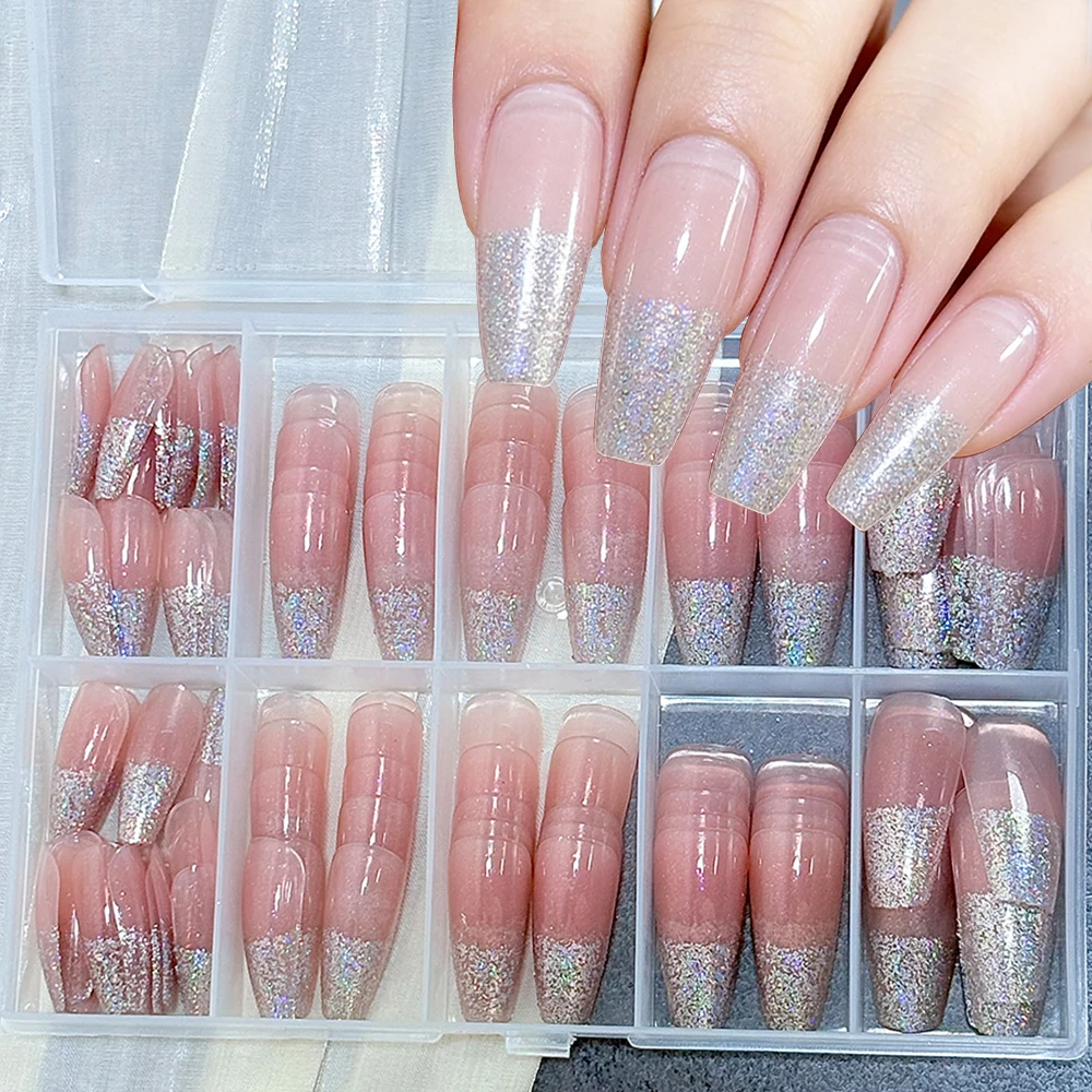 

120 шт. полупрозрачных розовых гелевых накладных ногтей с блестками, длинные, в форме гроба, полное покрытие, блестящие, накладные ногти с белой линией, нежные весенние ногти