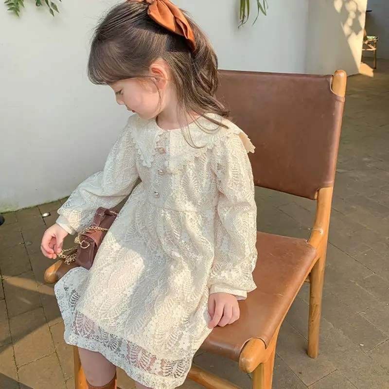 

Girls' Spring/Fall Lace Princess Dress – Long Sleeve with Collar, Fully Lined & Breathable, Korean Loose Fit Daily & Party Wear
