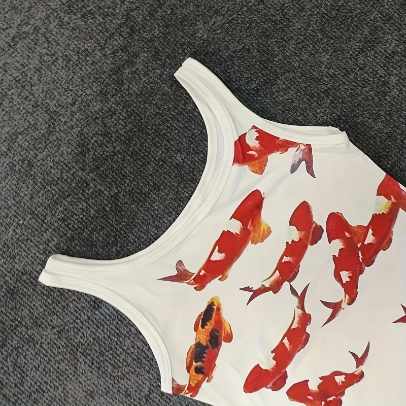 European American Grunge Style Street Tops Summer Simple Casual Group Koi Fish Pattern Printed Ladies Round Neck Sleeveless Vest