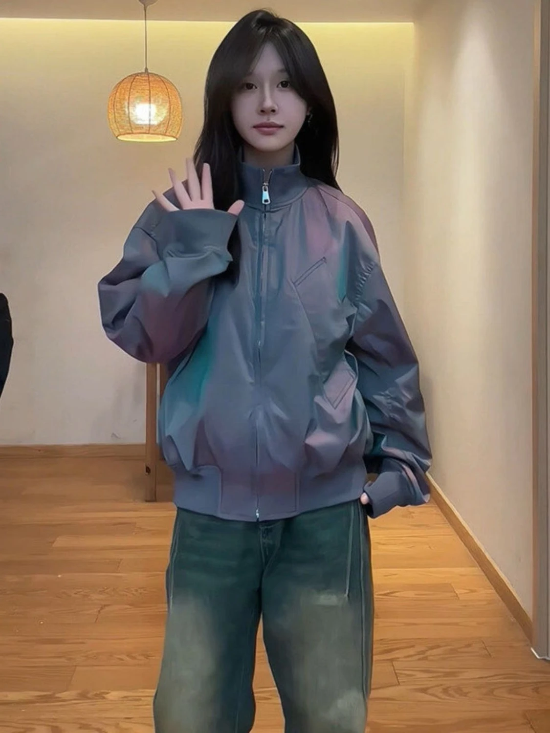 

Unisex American Vintage Colorful Bomber Jacket Spring Streetwear Loose Stand Collar Baseball Coat Fashion Outerwear