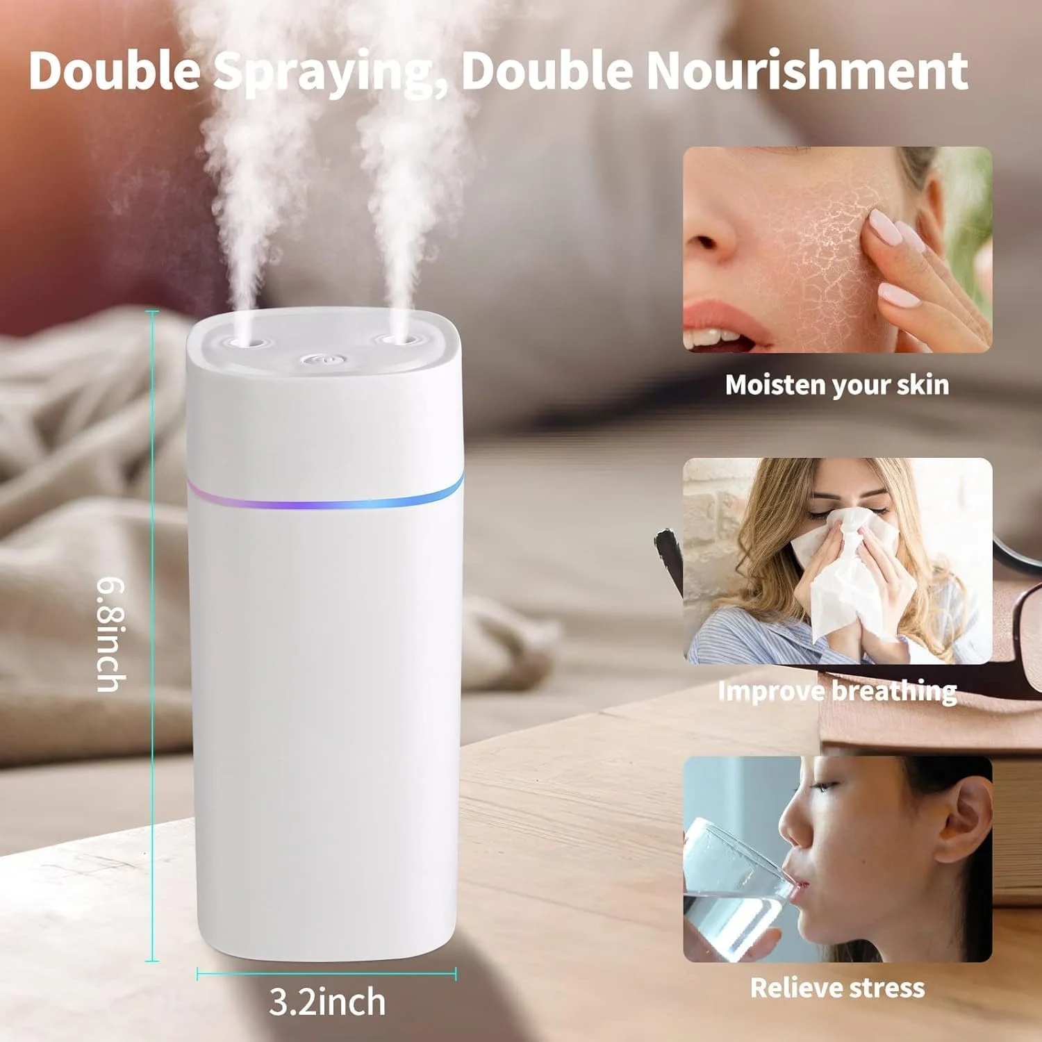 600ml Double Spray Small Humidifier for Bedroom, Mini Humidifier for Plant, Desk,Plant Humidifier with Double Spray, Portable Do