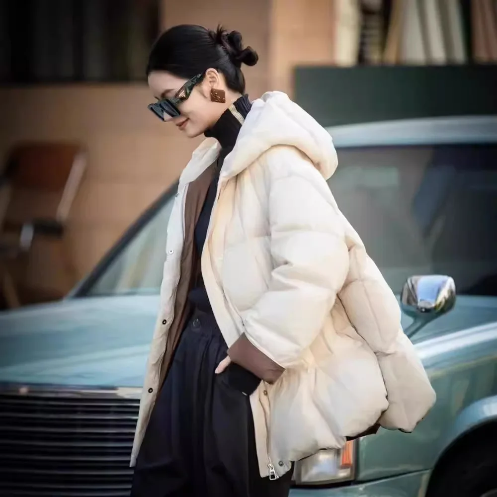 Chaqueta de plumón de pato blanco para mujer, chaqueta holgada con capucha a prueba de viento, empalme de ocio, invierno, nuevo