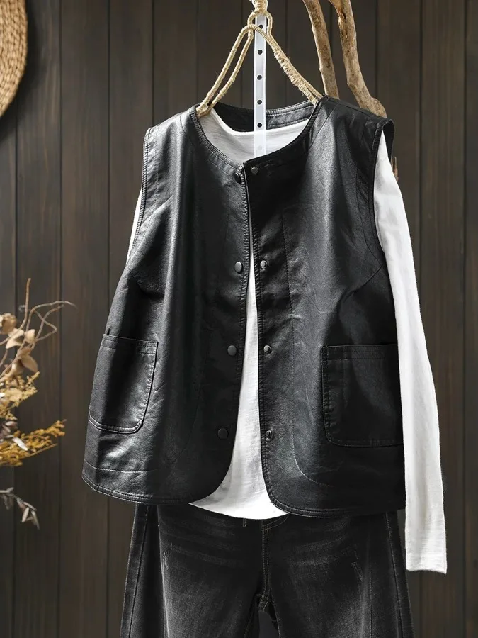 

Women's Black PU Leather Vest Spring 2026 Casual Loose Style No Sleeve Warmth round Neck High-End Sensation Layering Jacket
