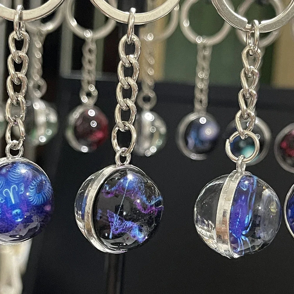 Anime 12 Constellations Complete Set Blue Luminous Keychain Simple Transparent Glass Gift for Men Women Birthday Holiday
